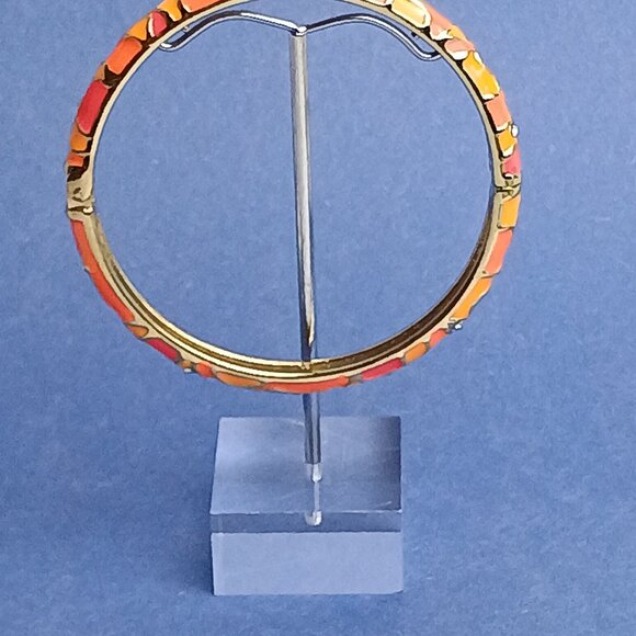 Abstract Cow Pattern Rhinestone Multi Orange Enamel Hinge Bangle Skinny Bracele… - Picture 3 of 5